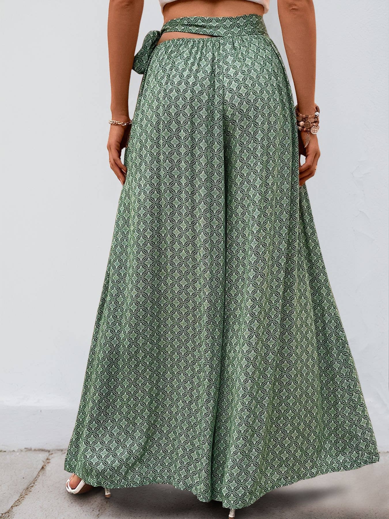 Lace-up high-waisted casual wide-leg trousers