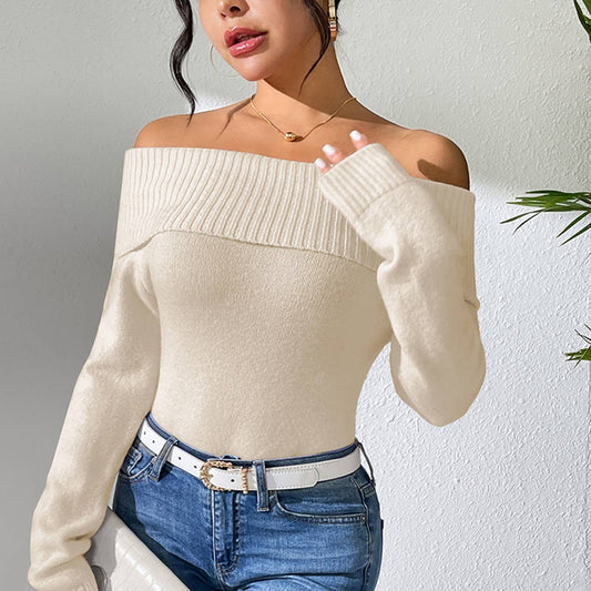 Slim-fit lapel solid color one-line shoulder sweater