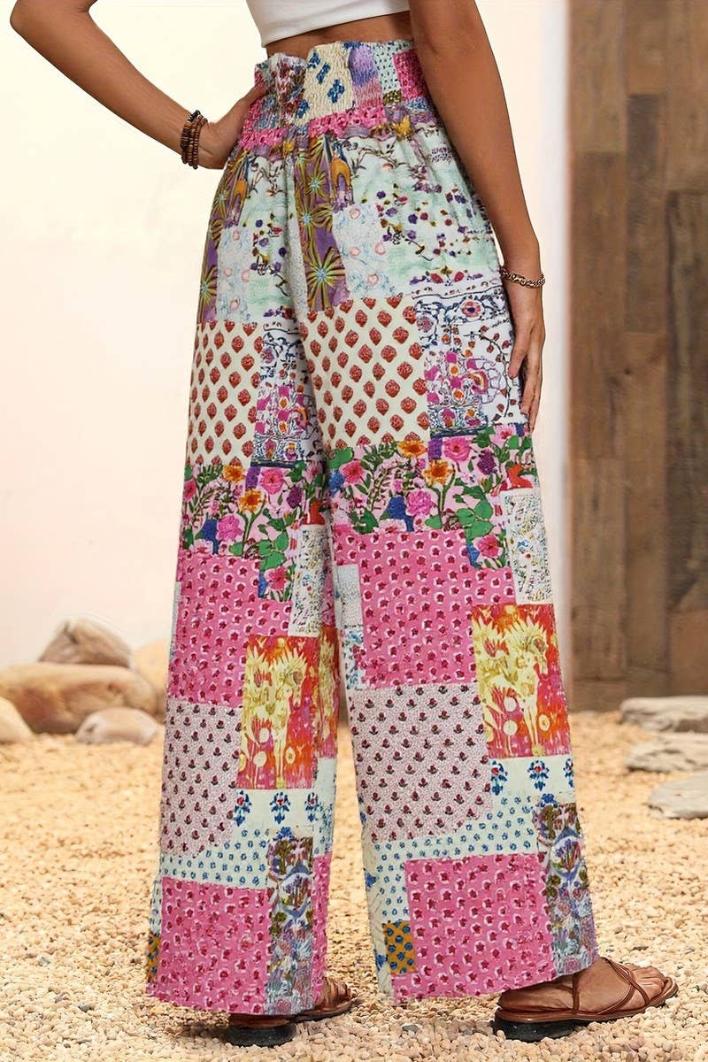 CWBLP2072_HIGH WAIST FLORAL FLARED DRAPED SUMMER PANTS