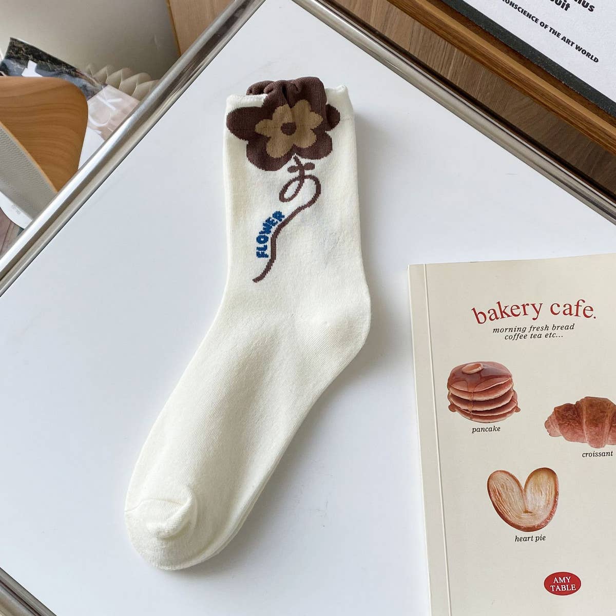 White coffee color Floral Print Crew Socks