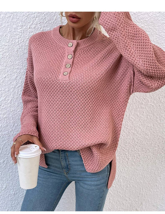 SOLID COLOR CREW NECK BUTTON UP FRONT CARDIGAN