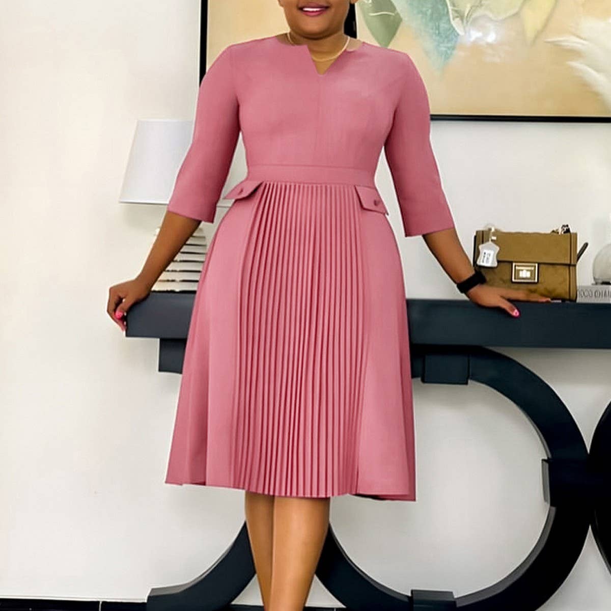 OVERSIZED PLEATED THREE-QUARTER SLEEVE DRESS_CWDSD6088