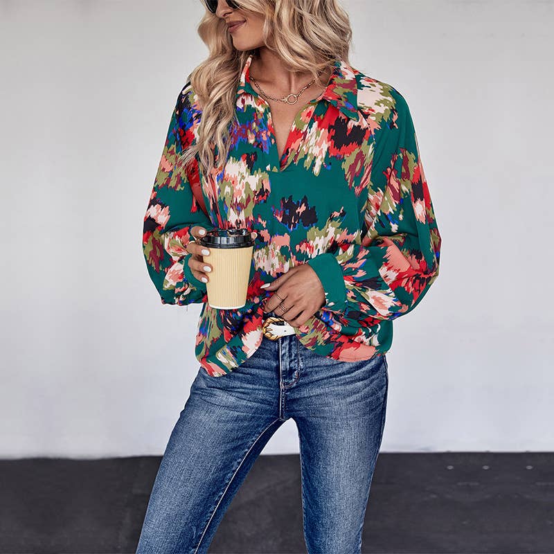 LAPEL LONG SLEEVE TOP BUTTON PRINT SHIRT