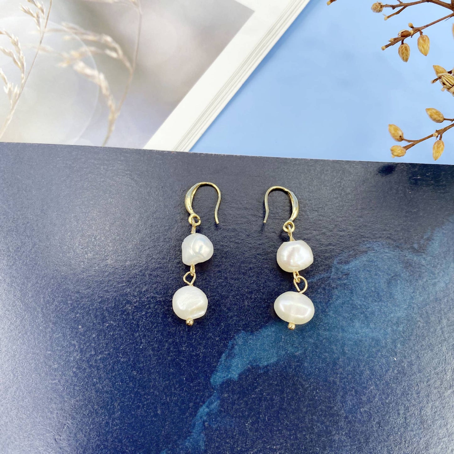 S925 Silver needle natural pearl long earrings