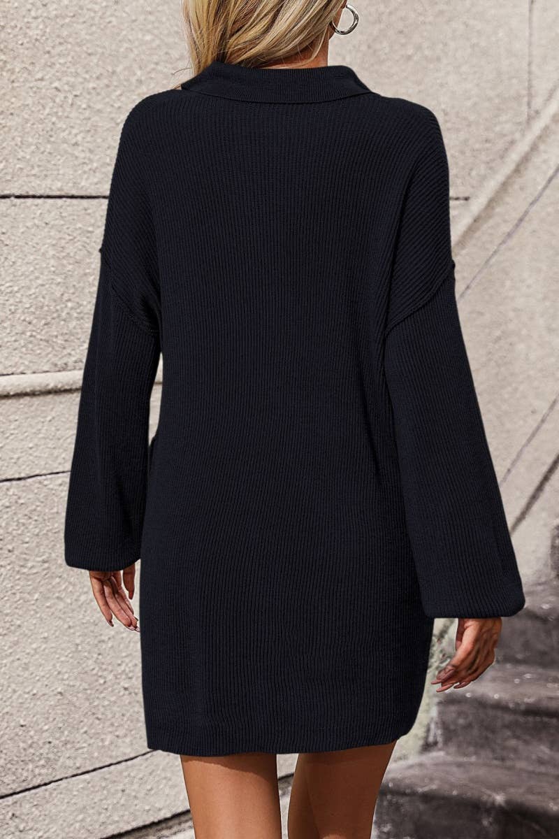 CWDSD6487_LAPEL BUTTON-DOWN LONG-SLEEVED SWEATER DRESS