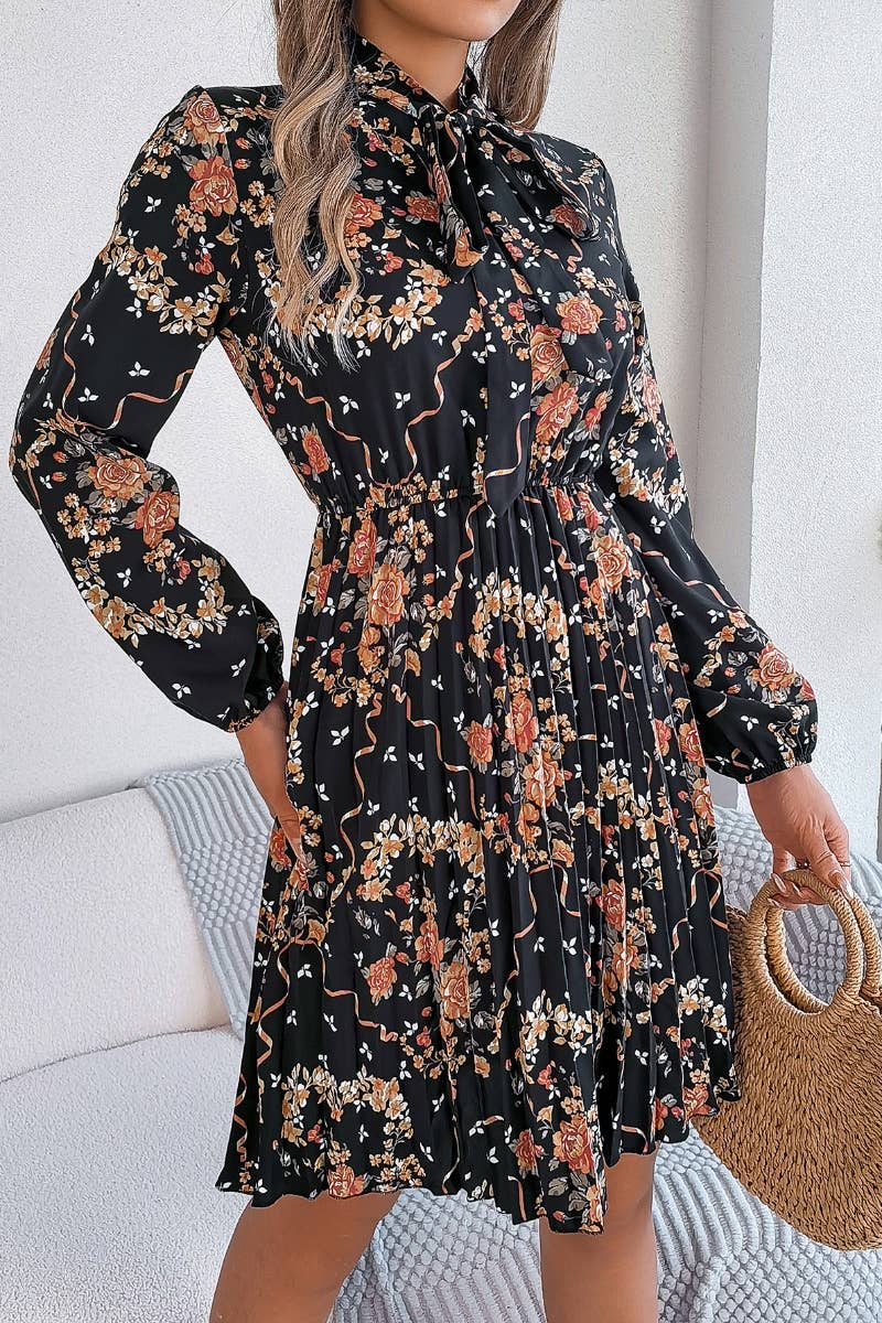 CWDSD6429_FLORAL LACE-UP LONG-SLEEVED PLEATED DRESS