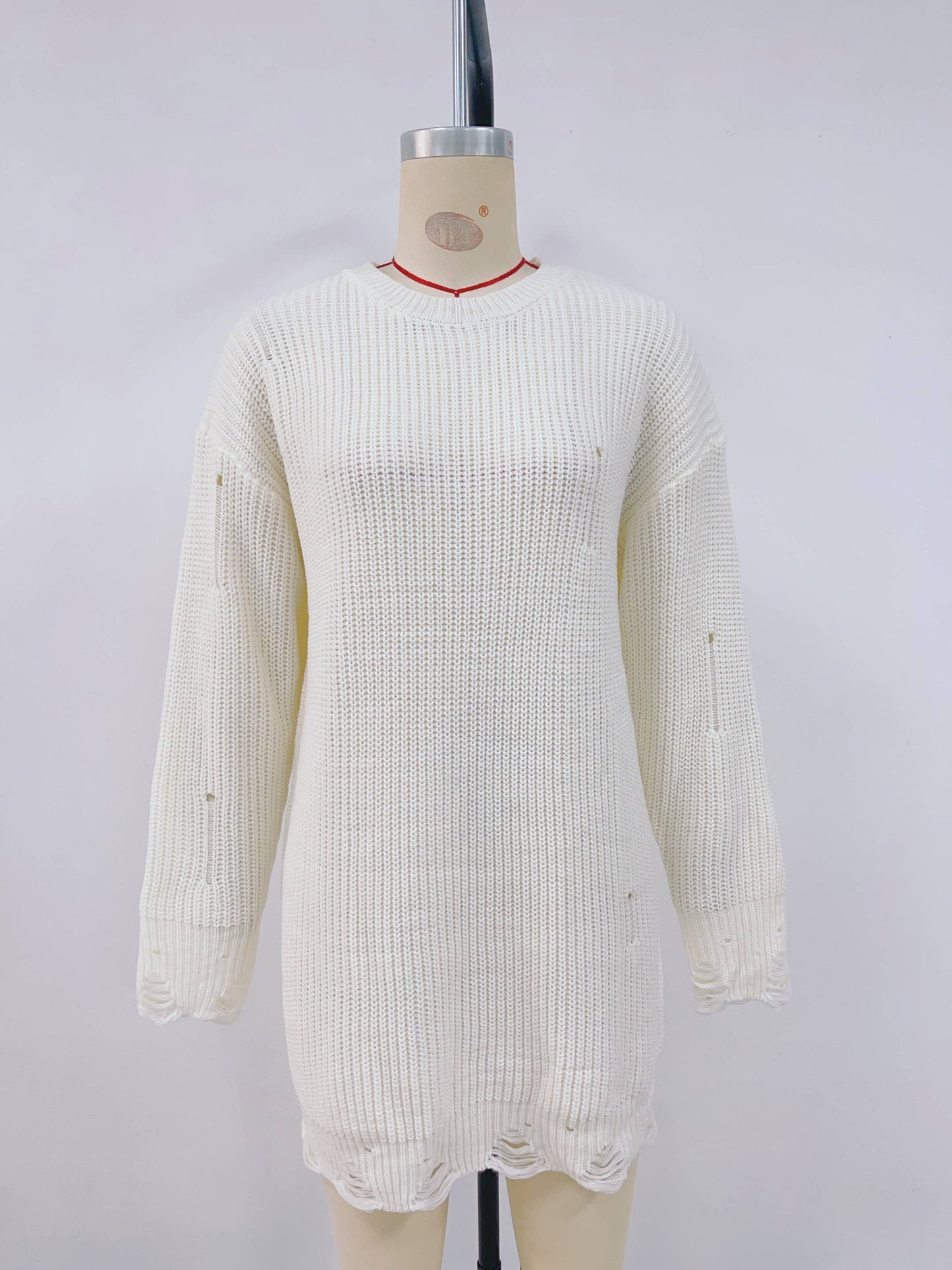 Pure color round collar hem hole loose dress