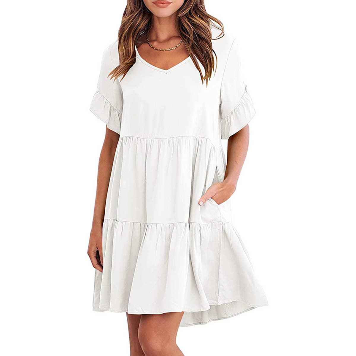 V-neck doll outfit three-layer pleated dress