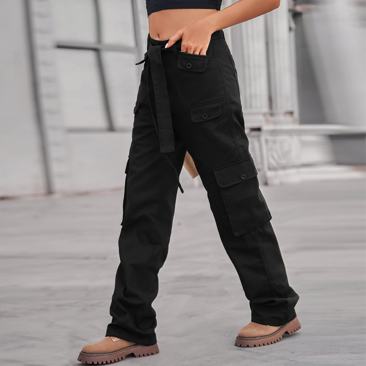 Casual Washed Denim Multi-Pocket Cargo Pants_CWJP0633
