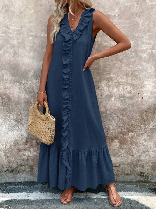 Solid-colored cotton V-neck loose wide-hem dress