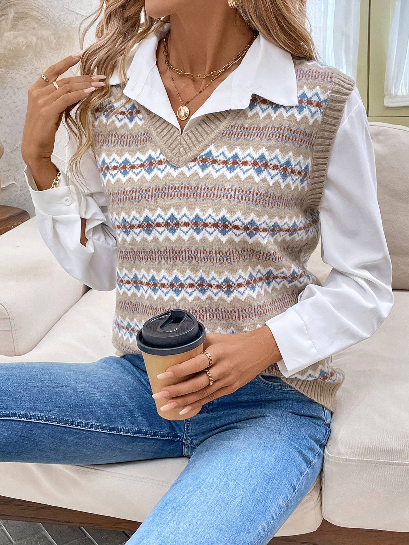 Ethnic-style jacquard knitted vest