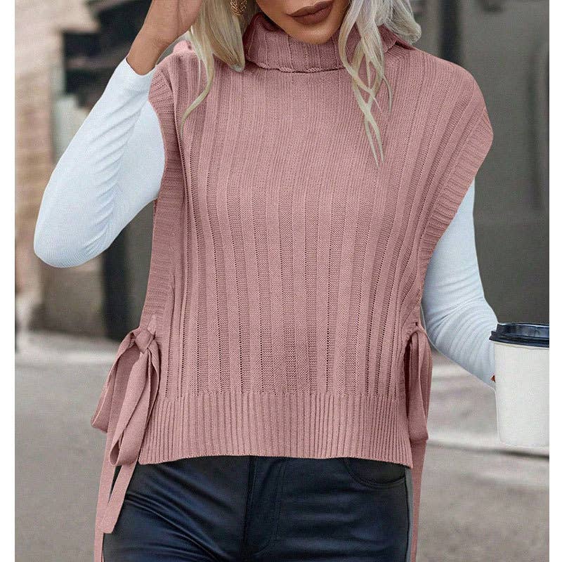 Solid-color high-neck sleeveless lace-up vest