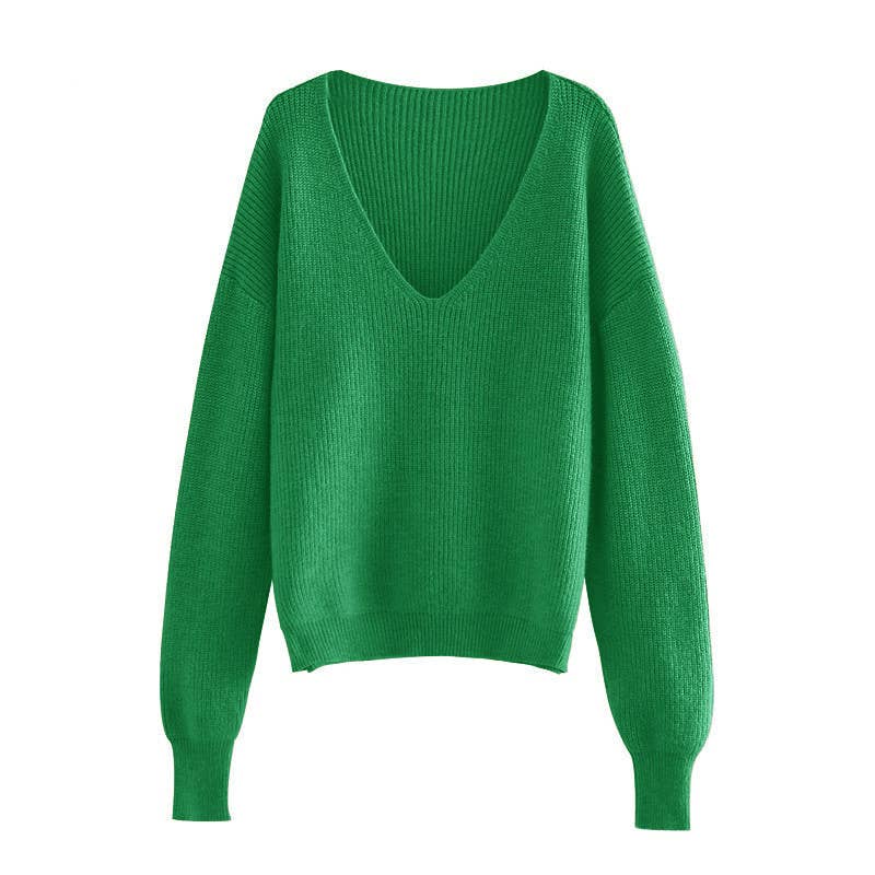 SLOUCHY SOLID COLOR V-NECK PULLOVER SWEATER LADY