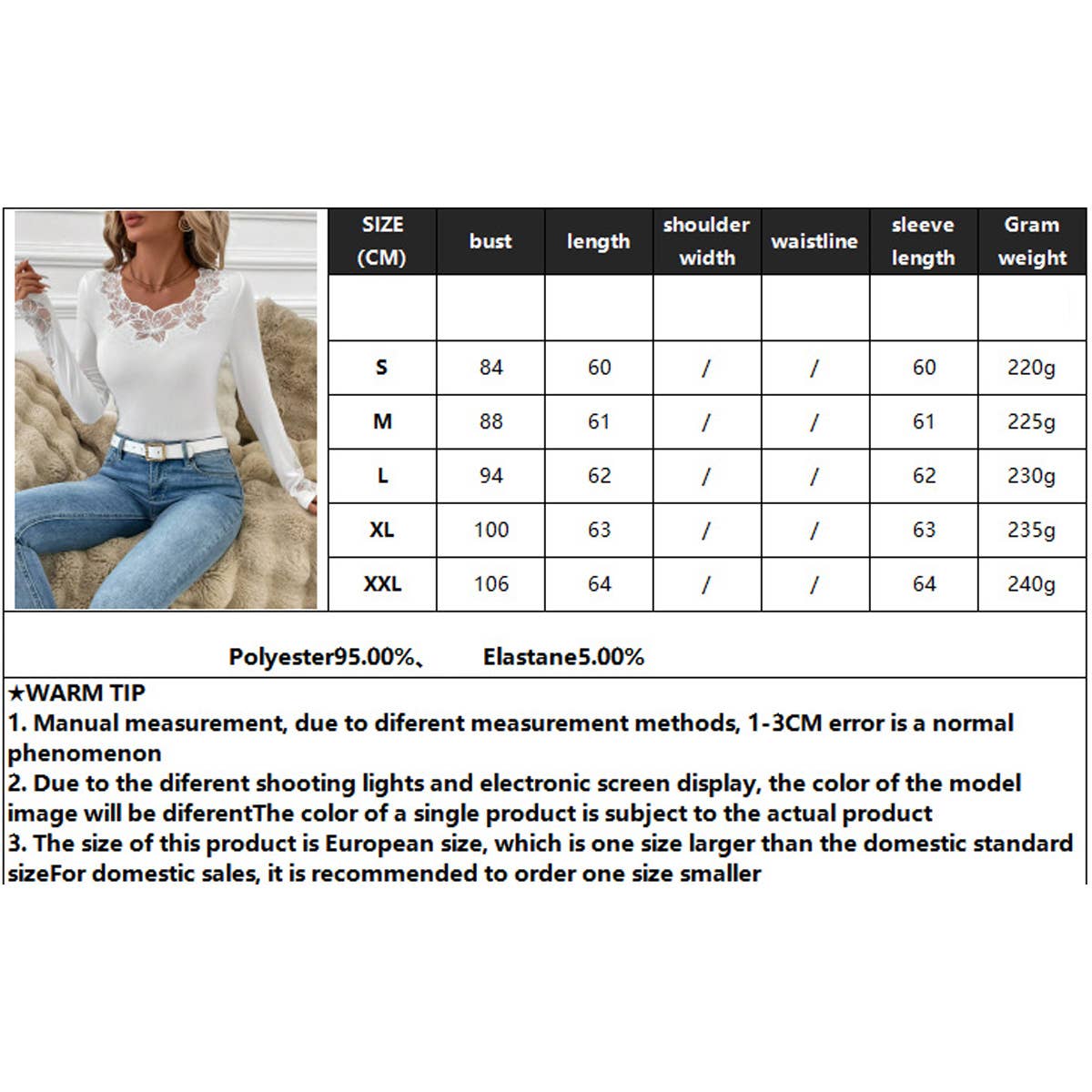 Lace trim diamond embossing long-sleeved T-shirt