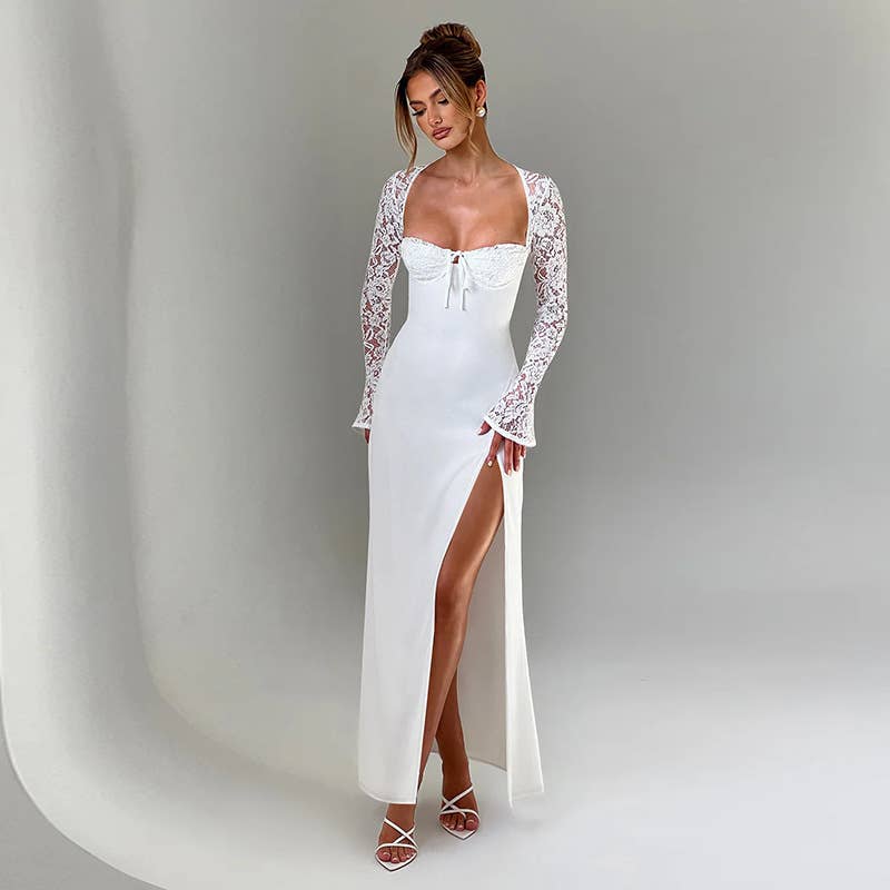 A slim high-slit lace patchwork fashion dress