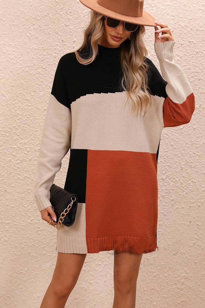 CWDSD6486_COLOR-MATCHING LONG-SLEEVED SWEATER DRESS