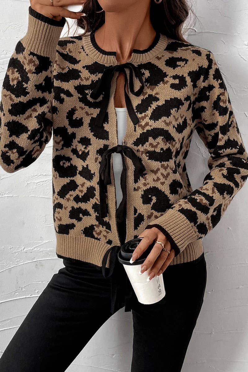 CWOCAL1557_LEOPARD PRINT BOW TIE KNITTED SWEATER CARDIGAN