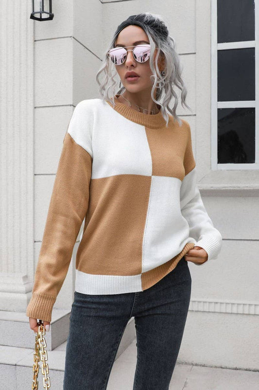 Cwoswl3892_Checkerboard Crew Neck  Knit Pullover Sweater