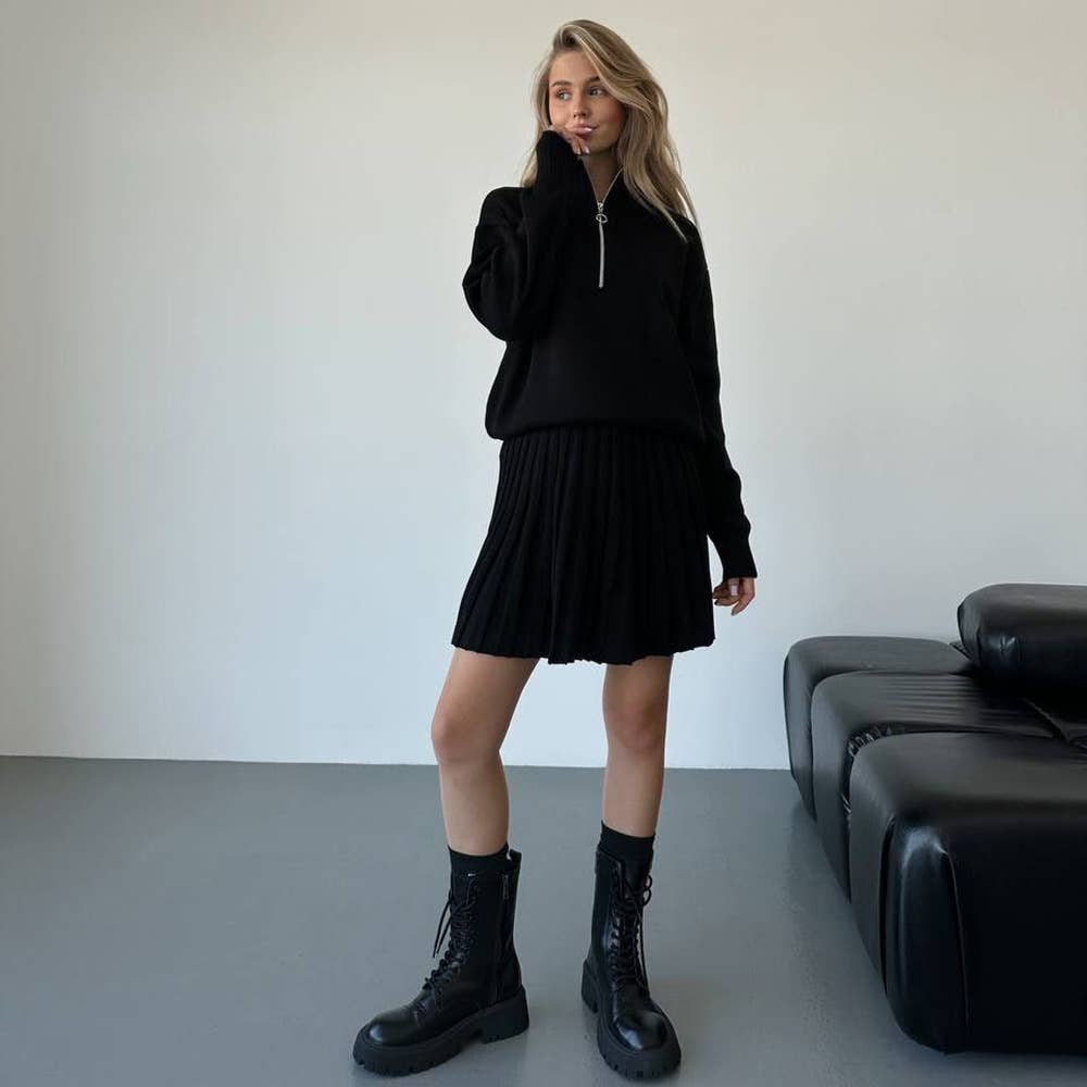 Two-piece knitted sweater and short skirt set