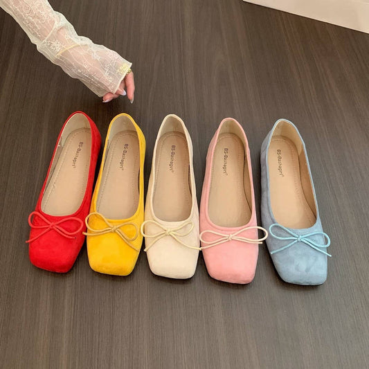 Bow Ballet Flats Soft Red Square Toe Shoes_CWSHF0119