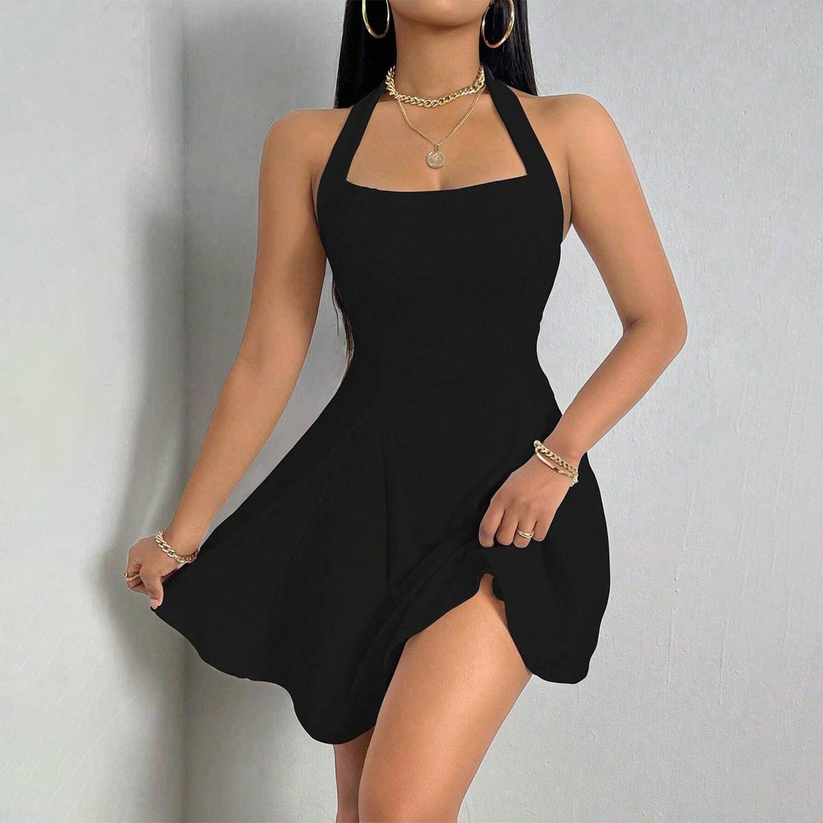 Sexy halter halter waist A-line swing short dress