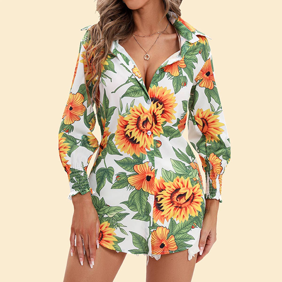 Printed long-sleeved shirt with lapel wrap_cwtbll0928