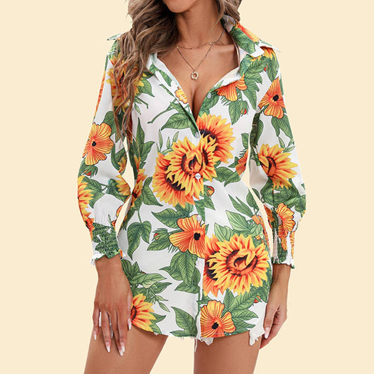 Printed long-sleeved shirt with lapel wrap_cwtbll0928