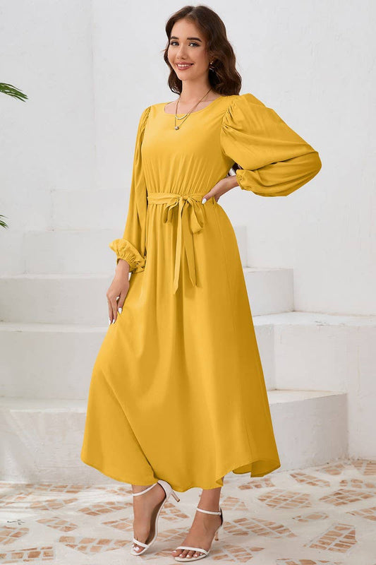 CWDMD4001_ROUND NECK TIE BUBBLE LONG SLEEVE DRESS