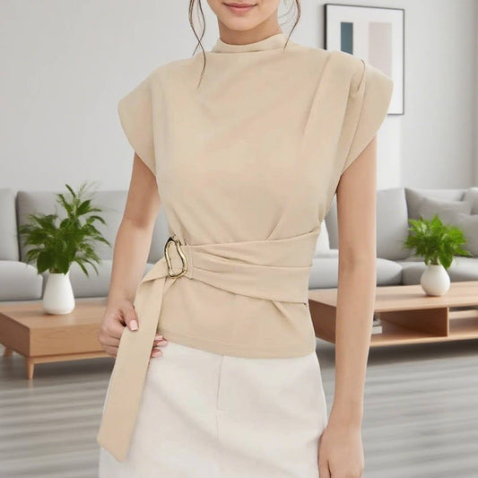 Half-High Collar Short-Sleeved Cinched-Waist Top