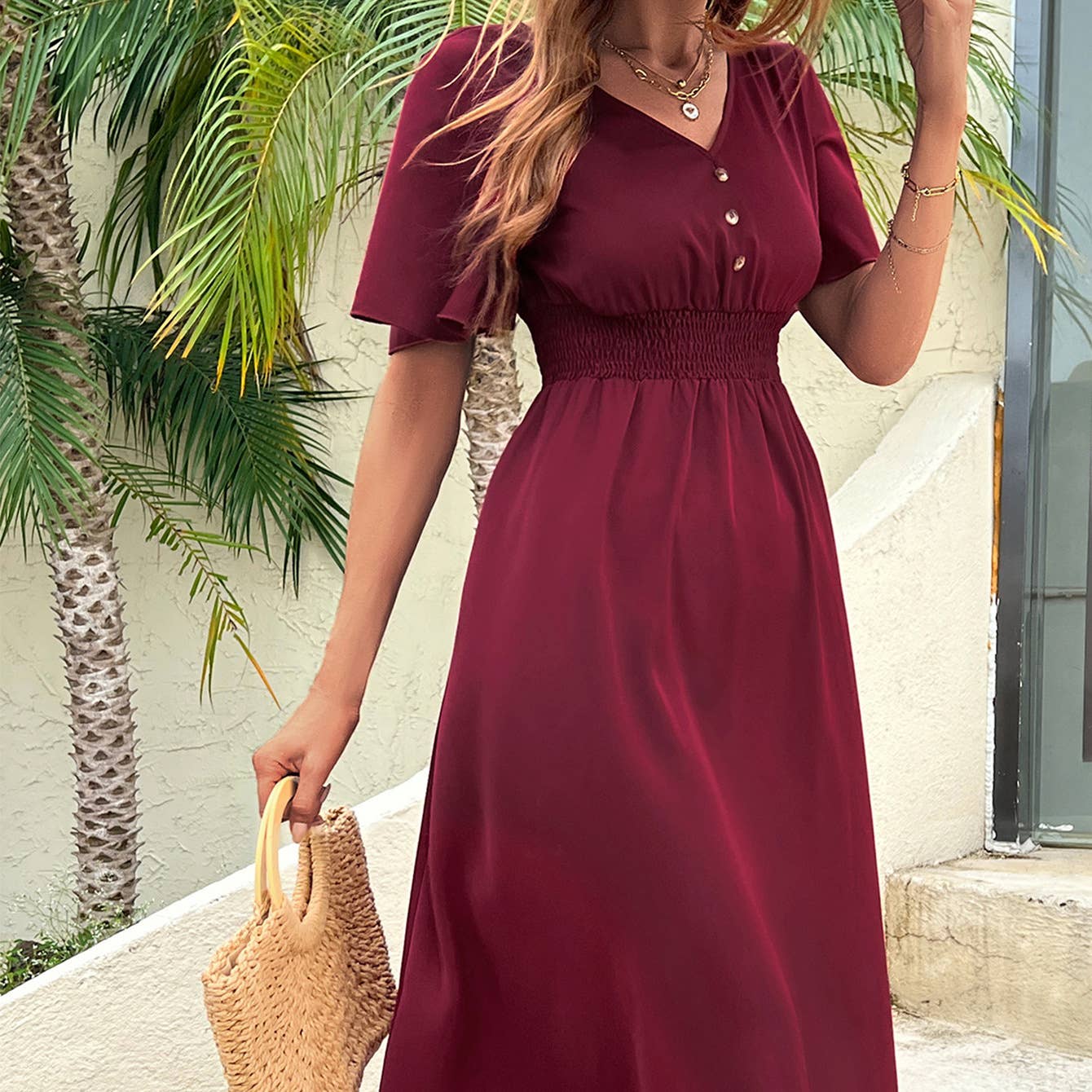 WAISTLINE TEMPERAMENT V-NECK DRESS