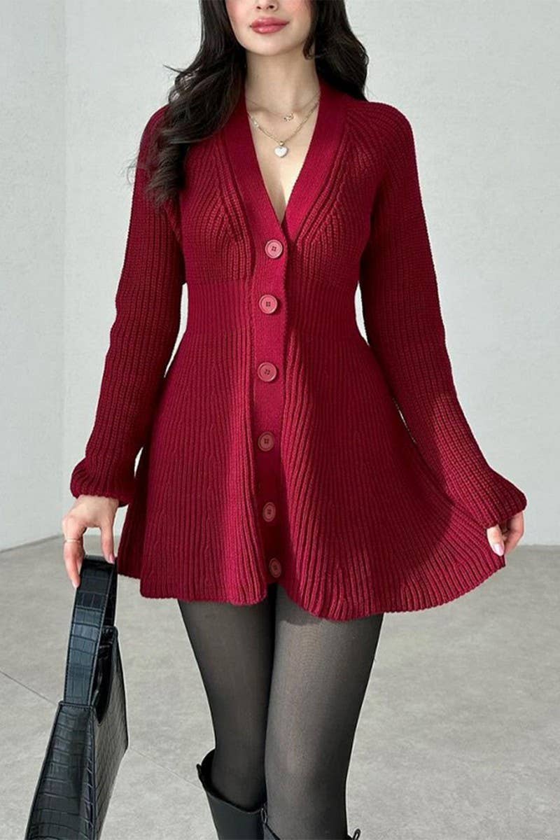 CWDSD10835_V-NECK SOLID LONG SLEEVE SWEATER DRESS