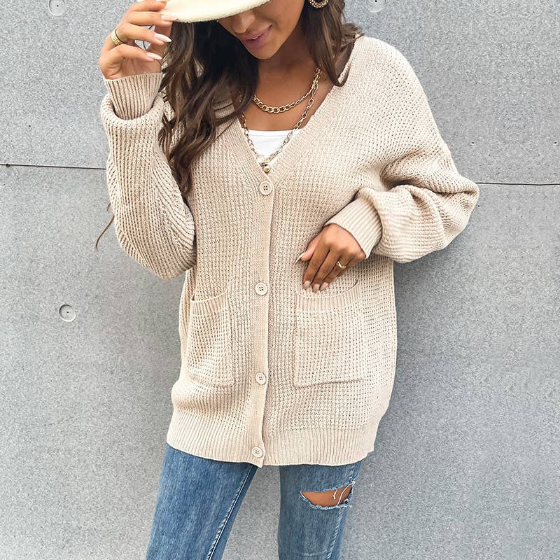 V-NECK BUTTON POCKET CARDIGAN KNIT CARDIGAN