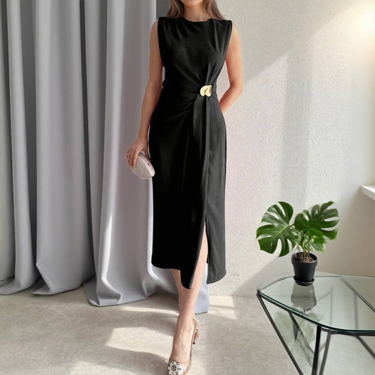 Split sleeveless casual solid-color long dress