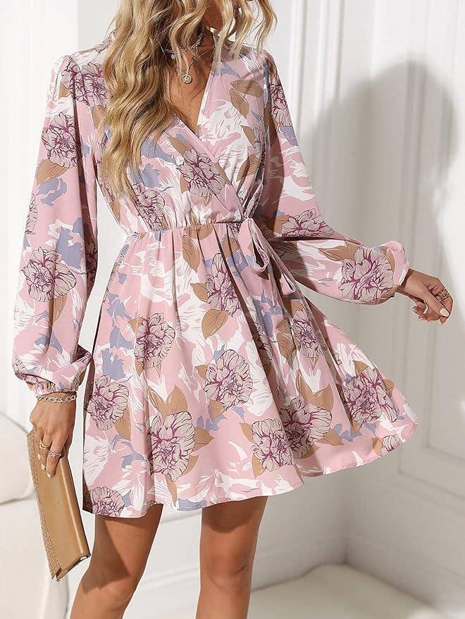 V-neck floral print short cinched waist dress