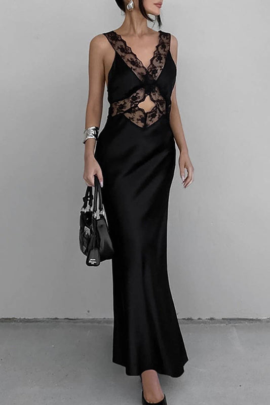 CWDMD4269_V-NECK HOLLOW LACE BLACK FISHTAIL DRESS