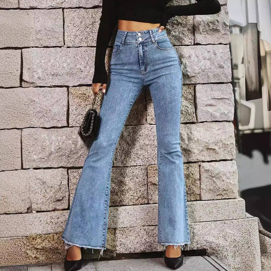 Micro horn stretch framed washed denim trousers