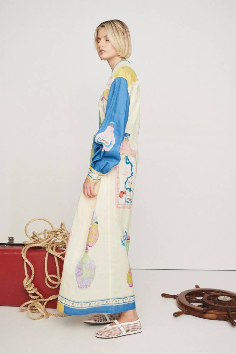 CWDMD5746_COLORBLOCK COTTON AND LINEN PRINT LACE-UP DRESS