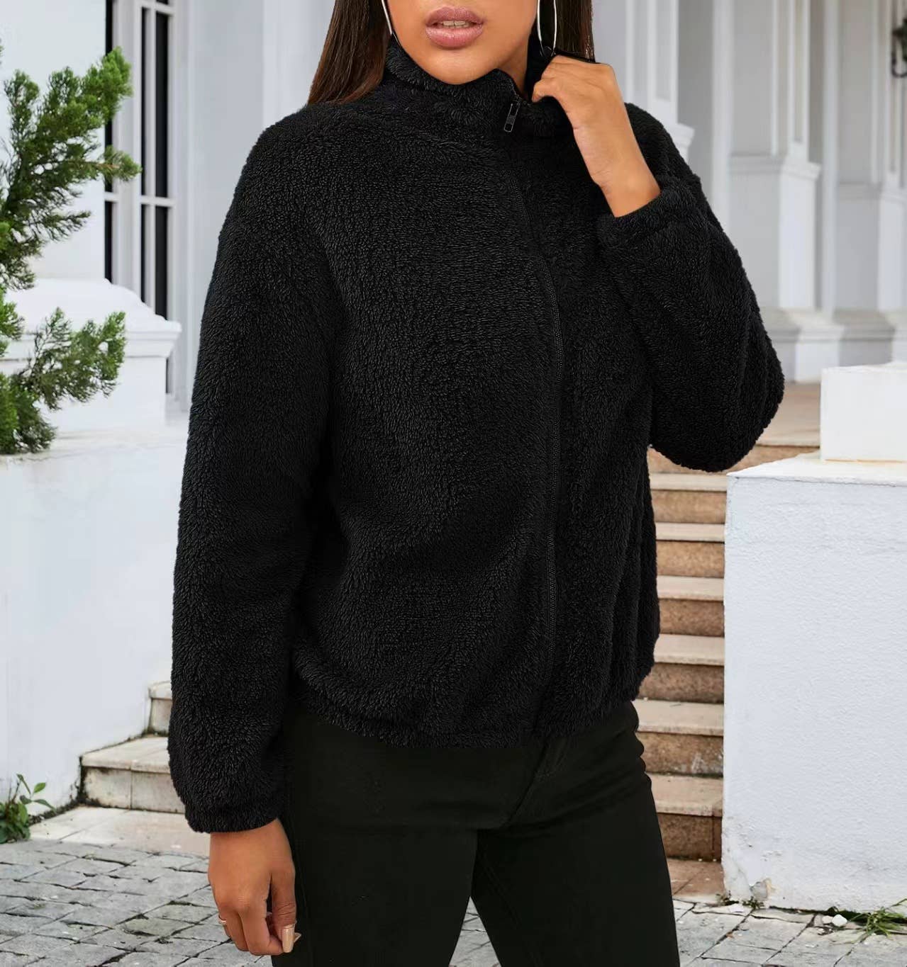 LONG SLEEVE SOLID COLOR PLUSH LOOSE WARM CARDIGAN