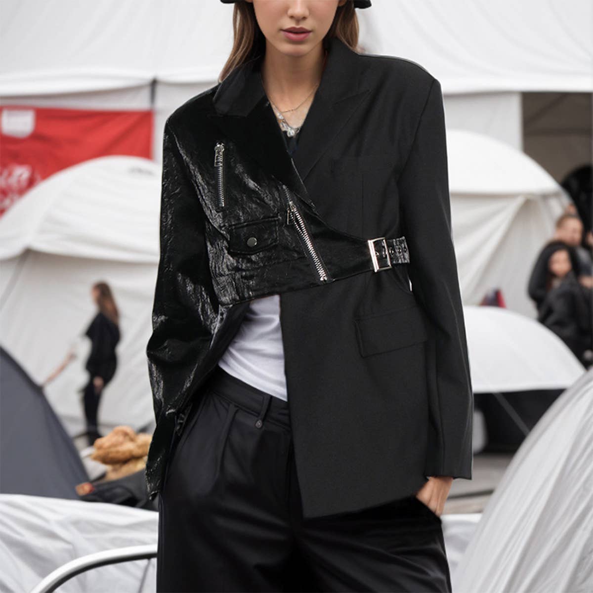 Asymmetrical Moto Blazer ??Slim Fit Street Style_CWOCO1238