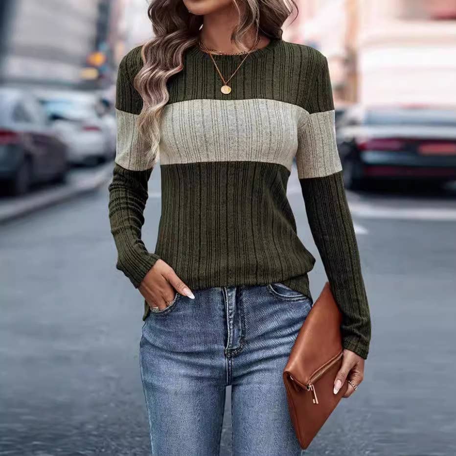 SPLICED CREW NECK LONG SLEEVE TOP T-SHIRT