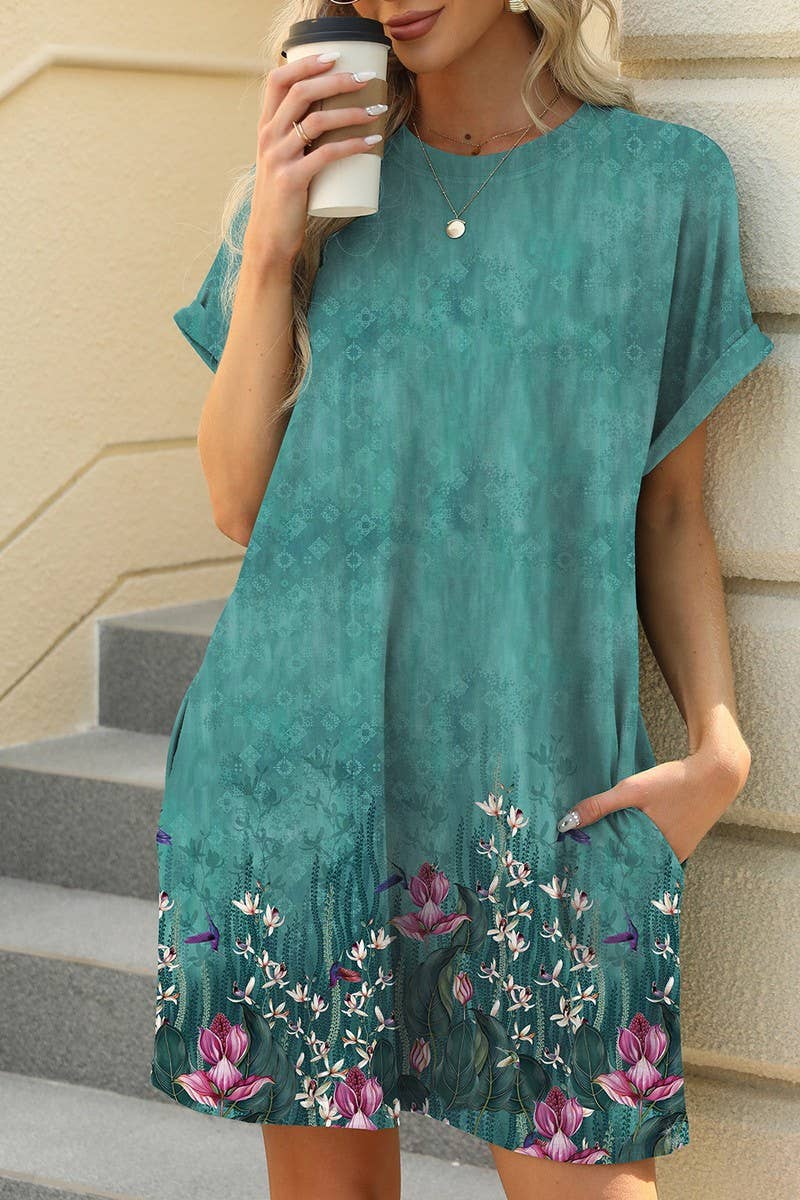 CWDSD7291_PRINTED CREW NECK SHORT SLEEVE POCKET DRESS