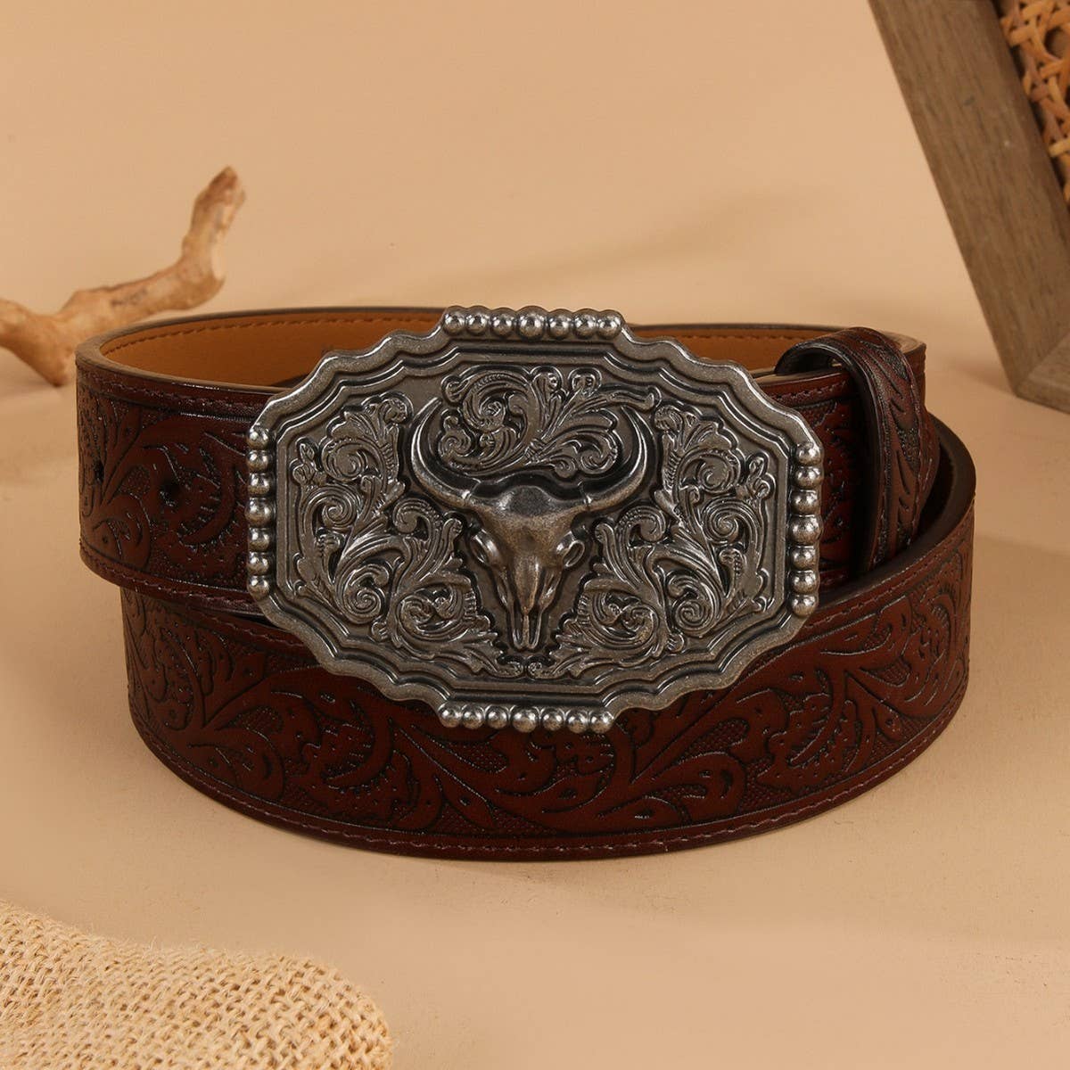 BULL HEAD CARVED VINTAGE DISTRESSED EMBOSSED BELT_CWMM3942