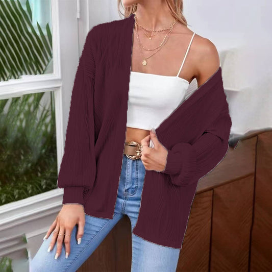 Solid color long-sleeved loose unbuttoned cardigan