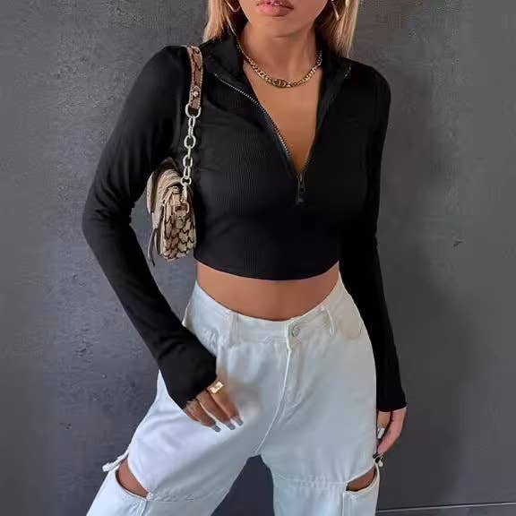 STAND COLLAR Y2K SHORT KNIT LONG-SLEEVED T-SHIRT