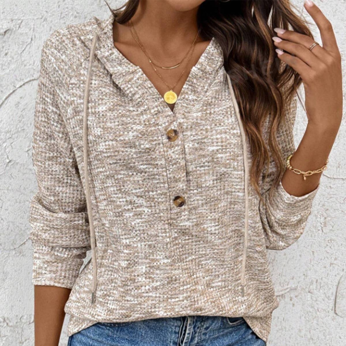 WAFFLE BUTTON-UP HOODIE LOOSE LONG-SLEEVED HOODIE