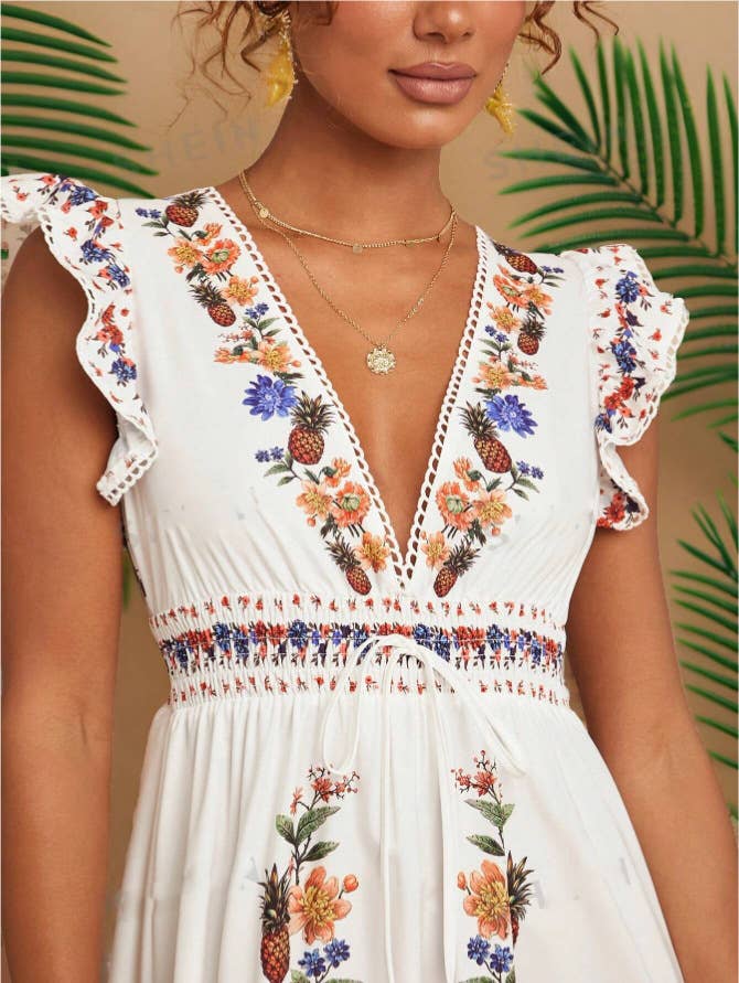 Holiday printed V-neck sleeved dress