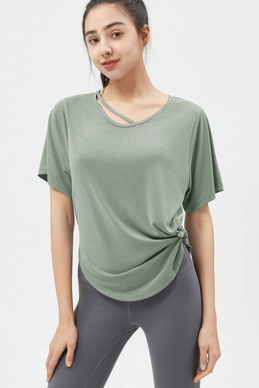 Cwtbls1469_Loose Short-Sleeved Solid Color Sports Top