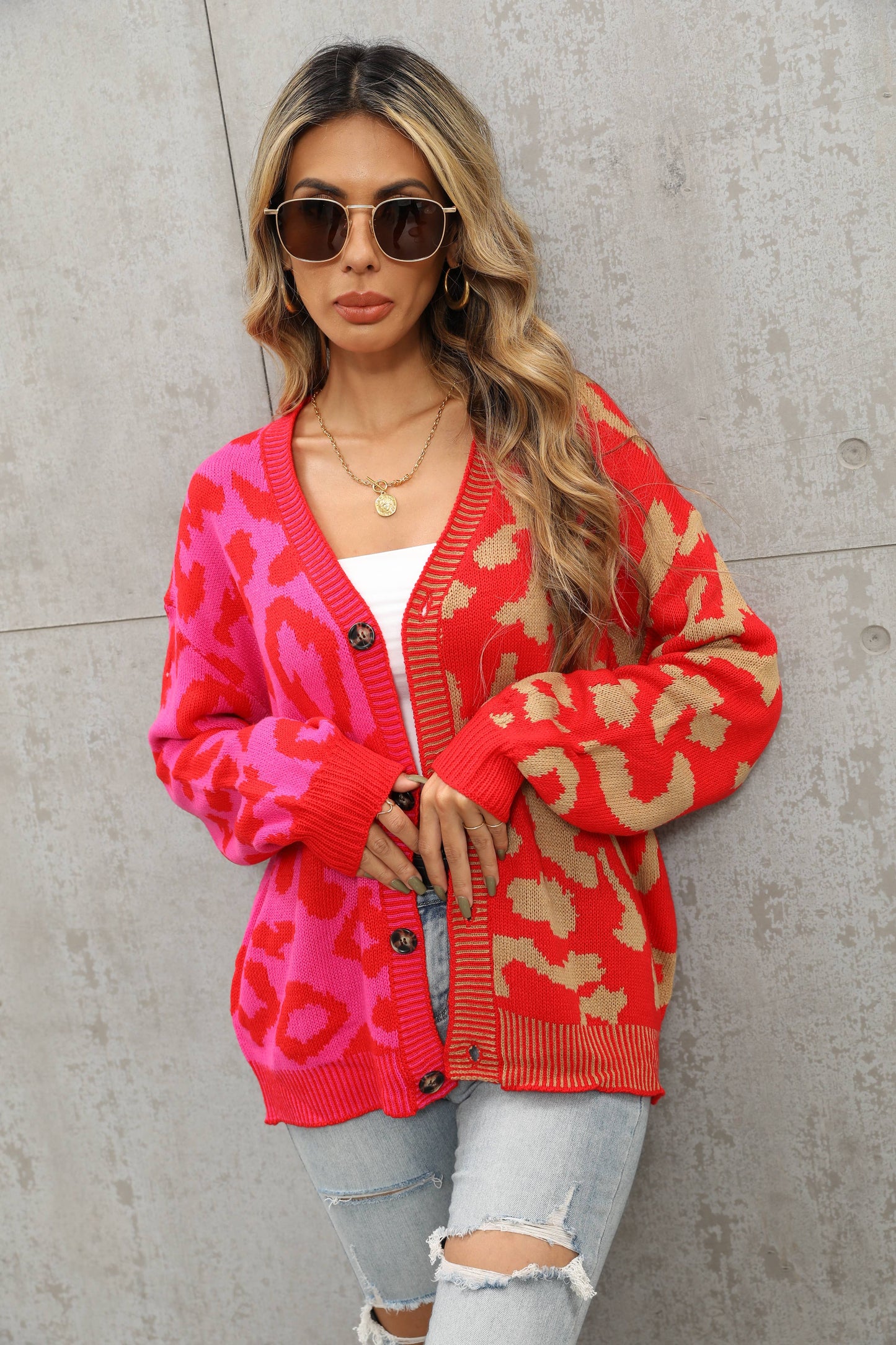 Printed Knit Single Breasted Leopard Knit Cardigan