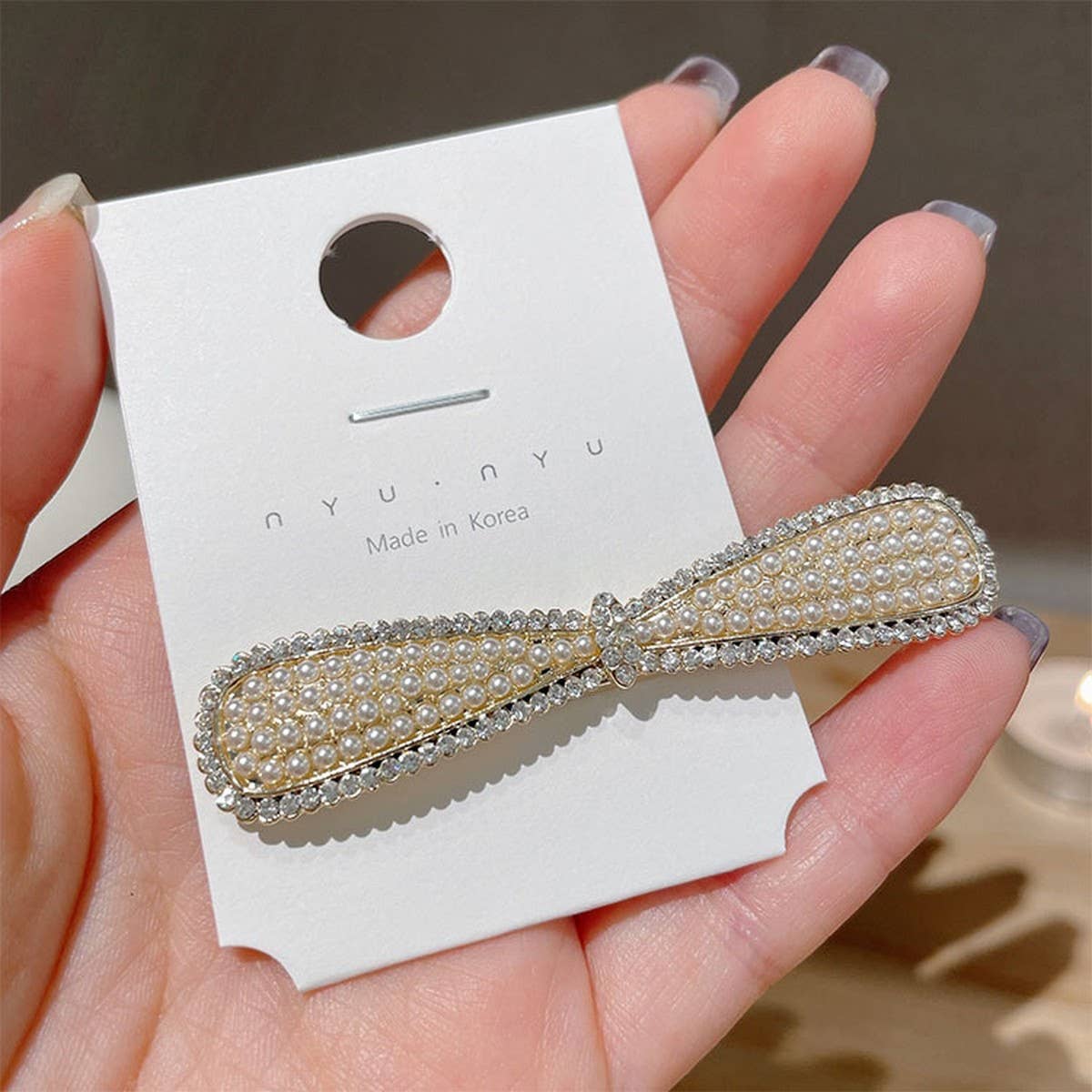 RHINESTONE PEARL BOW HAIRPIN RETRO DUCKBILL CLIP