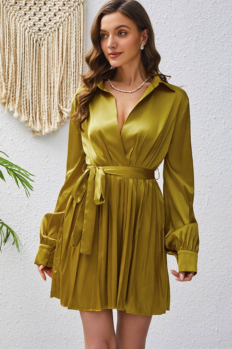 CWDSD10675_LONG SLEEVE POLO NECK BELTED PLEATED DRESS